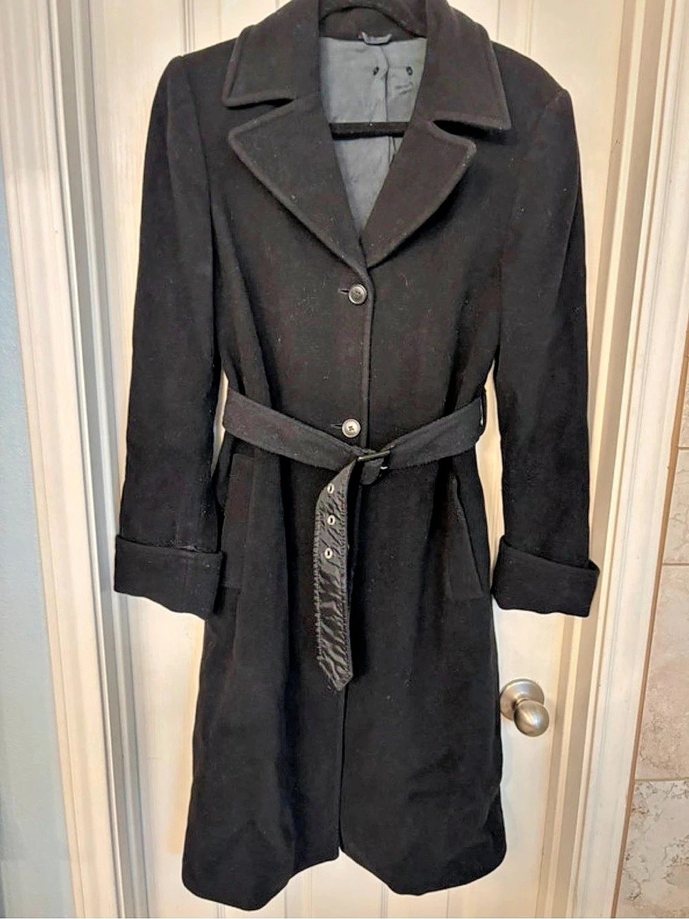 Vintage Italian Wool Blend Black Belted Trench Coat